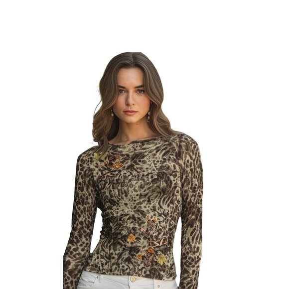 VTG Dana Buchman Brown Leopard Print Top W/ Sequin Butterfly Embellishments Sz S - Picture 2 of 11